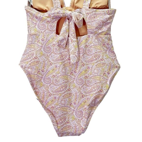 J. Crew Eco Plunge V-Neck One Piece Swimsuit Pink Beach Paisley Size 6 Tie Back - Picture 10 of 15